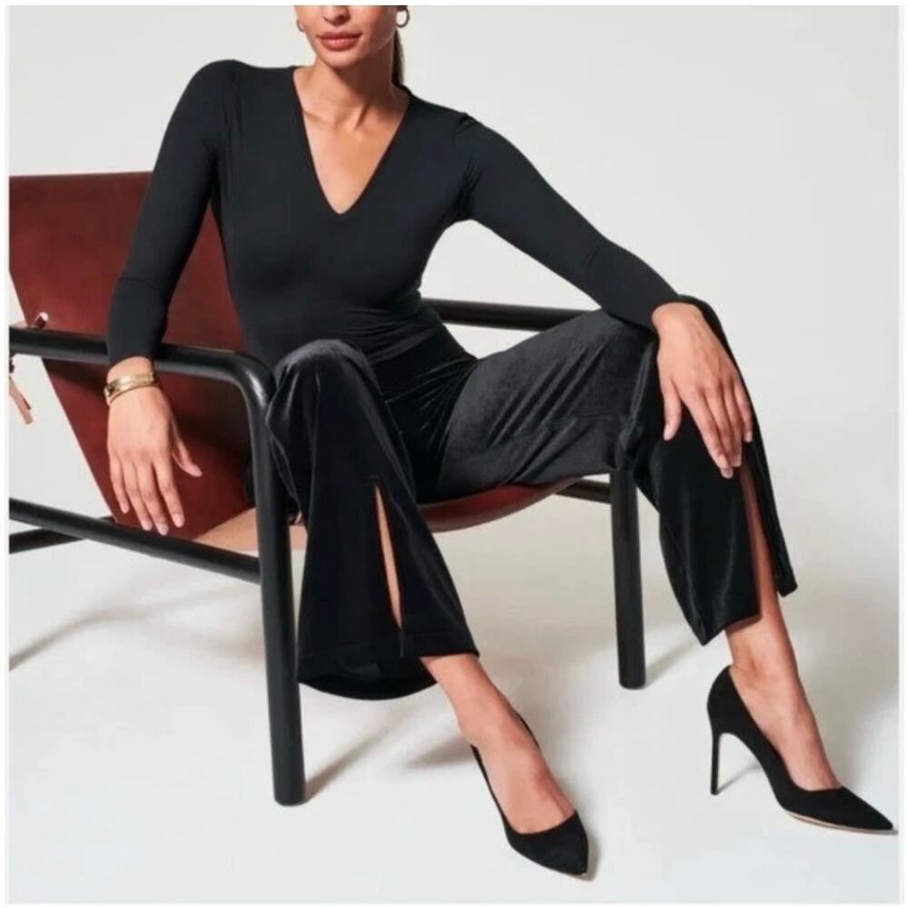 Spanx Women Black Velvet Split Front Pants Size 1XP #20396Q Gala Event Party